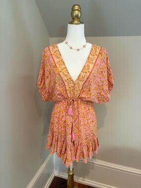Aakaa Pink and Gold Floral V-Neck Drawstring Romper